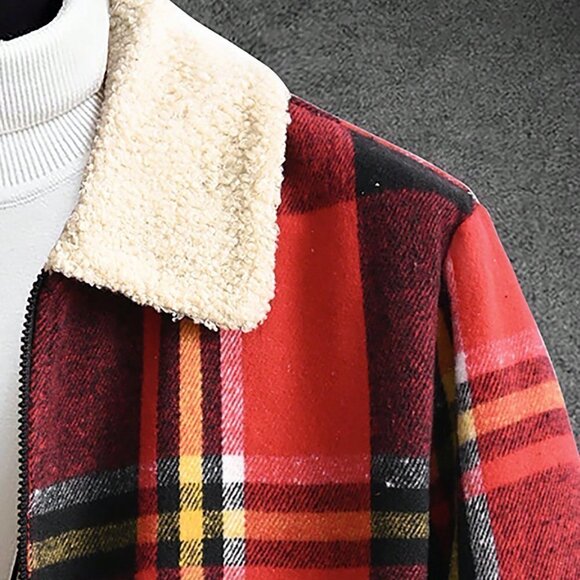 Red Casual Mens Plaid Print Borg Collar Teddy Lined Overcoat - Picture 3 of 5